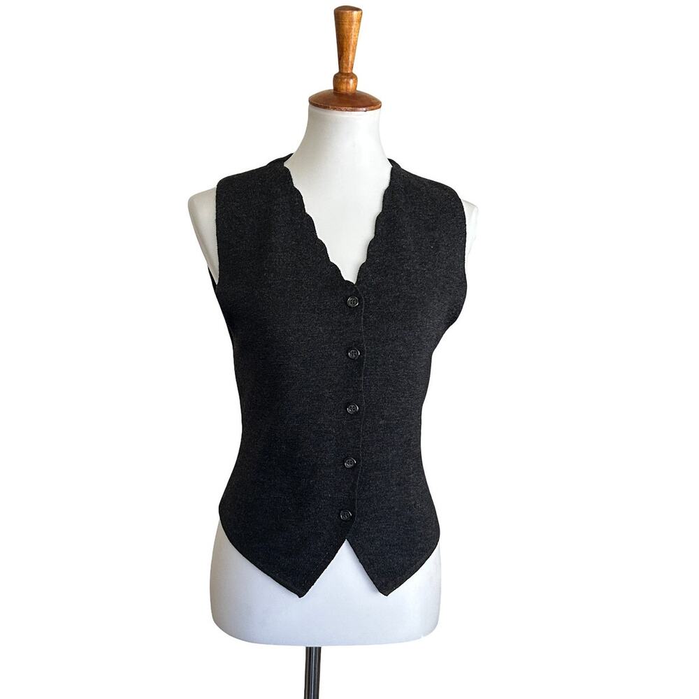 Anne Klein II Vintage 1990s Charcoal Gray Wool Scalloped Fitted Sweater Vest M